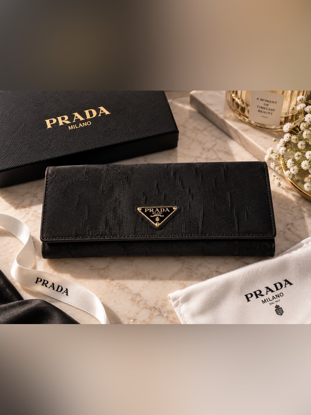 Prada Black Tessuto Nylon Continental Flap Wallet Triangle Logo